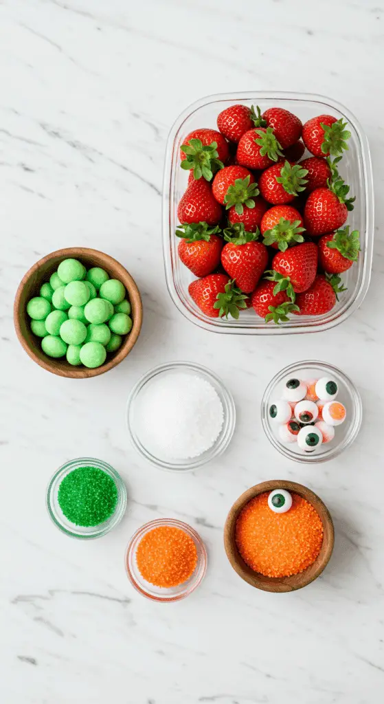The simple, fun, and colorful ingredients for the easy and spooky Halloween Chocolate-Covered Strawberries recipe.