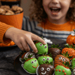 A large platter of homemade, spooky, and colorful Halloween Chocolate-Covered Strawberries being served at a fun and casual Halloween party.