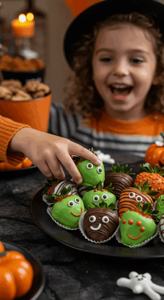 A large platter of homemade, spooky, and colorful Halloween Chocolate-Covered Strawberries being served at a fun and casual Halloween party.
