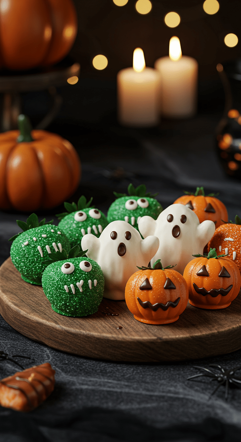 A beautiful, rustic platter of homemade, spooky Halloween Chocolate-Covered Strawberries, featuring three different designs: green monsters, white ghosts, and orange pumpkins.