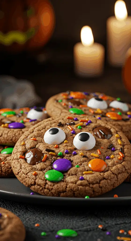 A beautiful, rustic platter of homemade, spooky, and chewy Halloween Chocolate Chip Cookies, loaded with colorful candies and sprinkles and decorated with candy eyeballs.