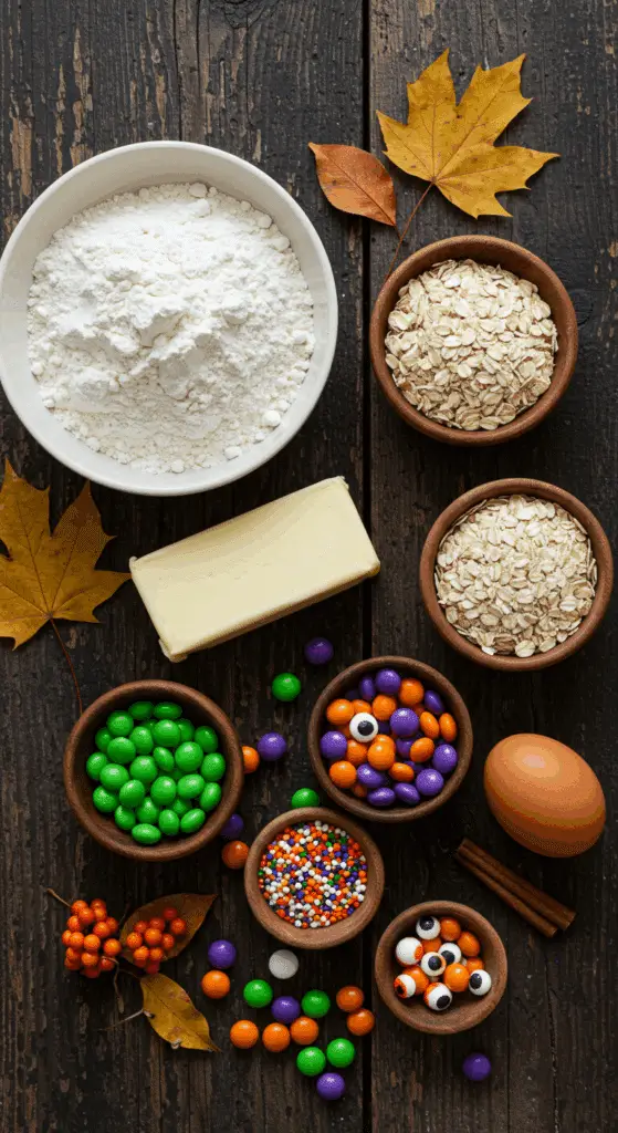 The simple, from-scratch ingredients for the easy and spooky Halloween Chocolate Chip Cookies.
