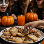 A large platter of homemade, spooky, and colorful Halloween Cookies being served at a fun and casual Halloween party.