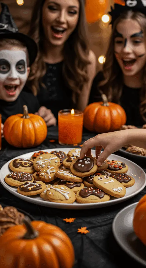 A large platter of homemade, spooky, and colorful Halloween Cookies being served at a fun and casual Halloween party.