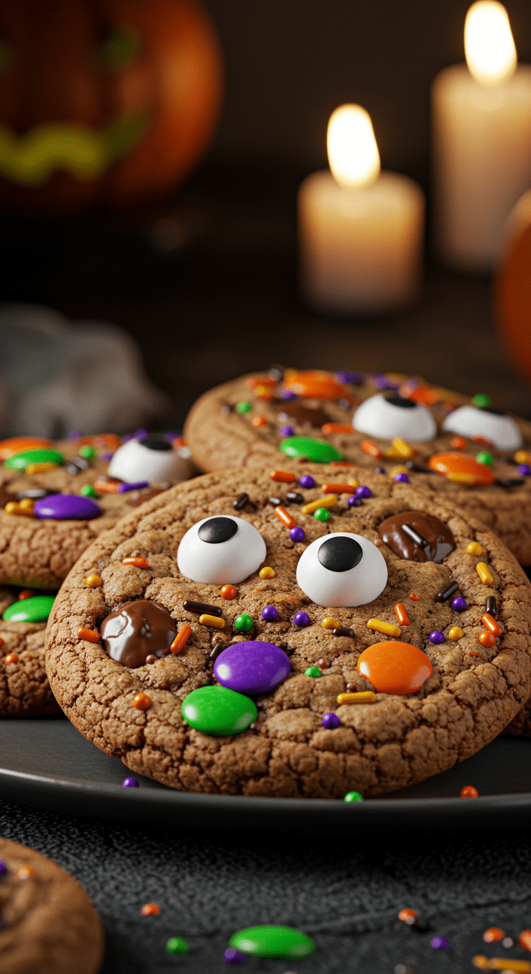 A beautiful, rustic platter of homemade, spooky, and chewy Halloween Chocolate Chip Cookies, loaded with colorful candies and sprinkles and decorated with candy eyeballs.