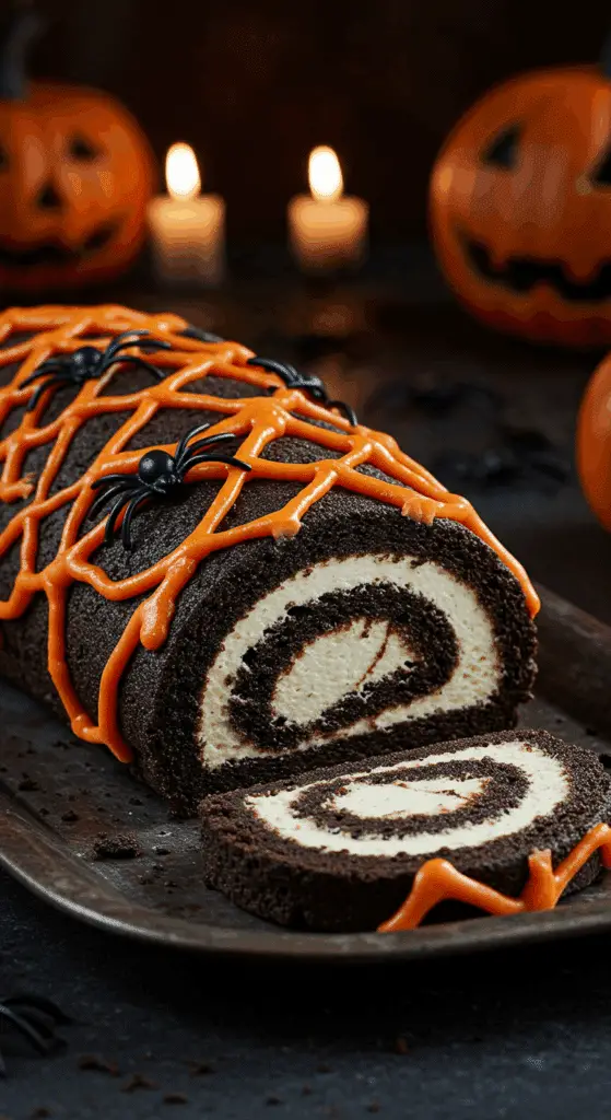 A beautiful, dark, homemade Halloween Oreo Roll, covered in a creepy, orange marshmallow spiderweb with a single, swirled slice cut off.