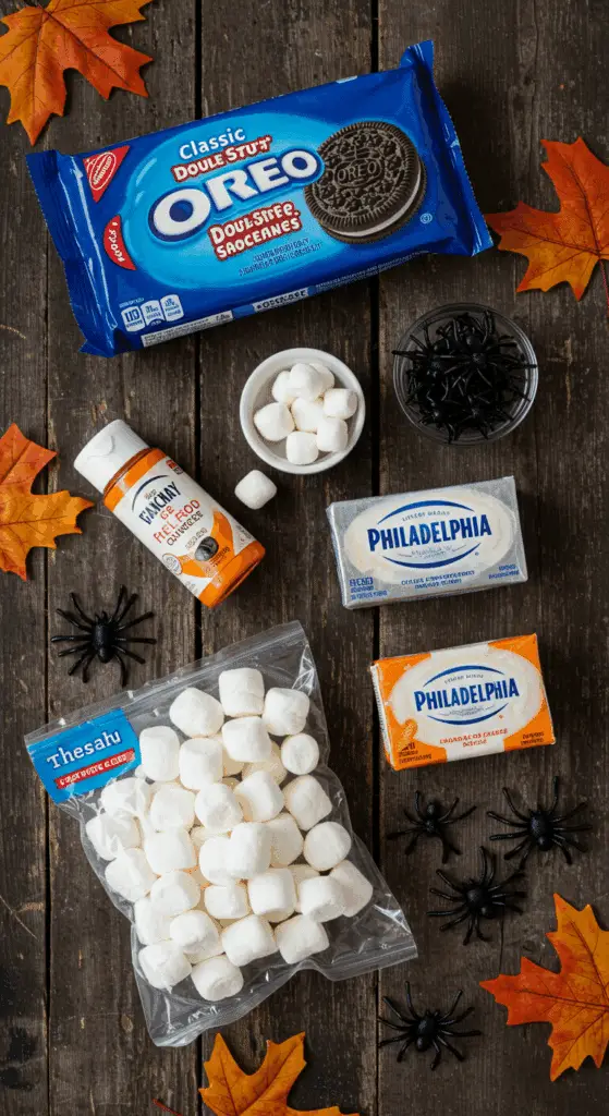 The simple, from-scratch ingredients for the easy and spooky no-bake Halloween Oreo Roll.