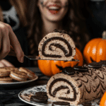 The finished, spooky Halloween Oreo Roll being served as the centerpiece of a fun and casual Halloween party dessert table.