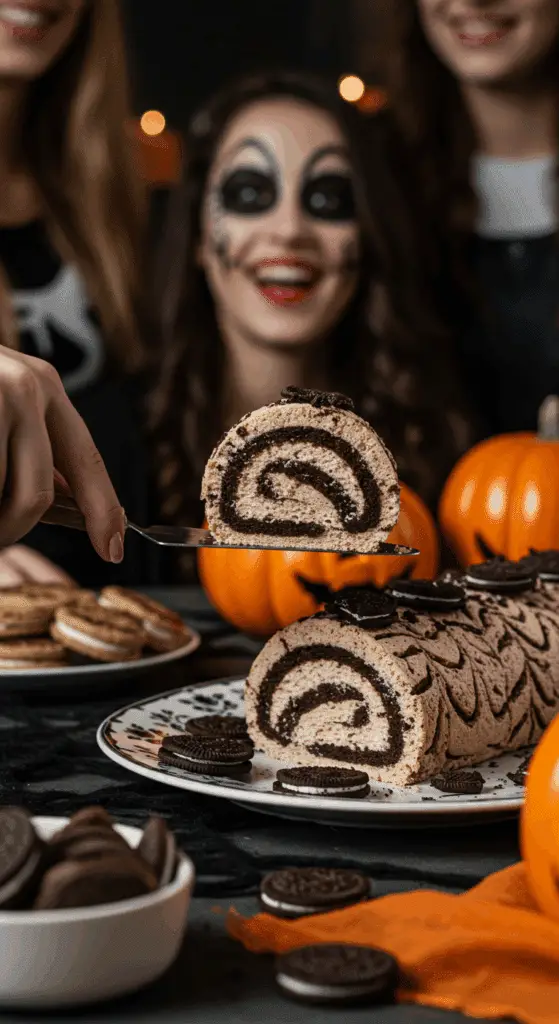 The finished, spooky Halloween Oreo Roll being served as the centerpiece of a fun and casual Halloween party dessert table.