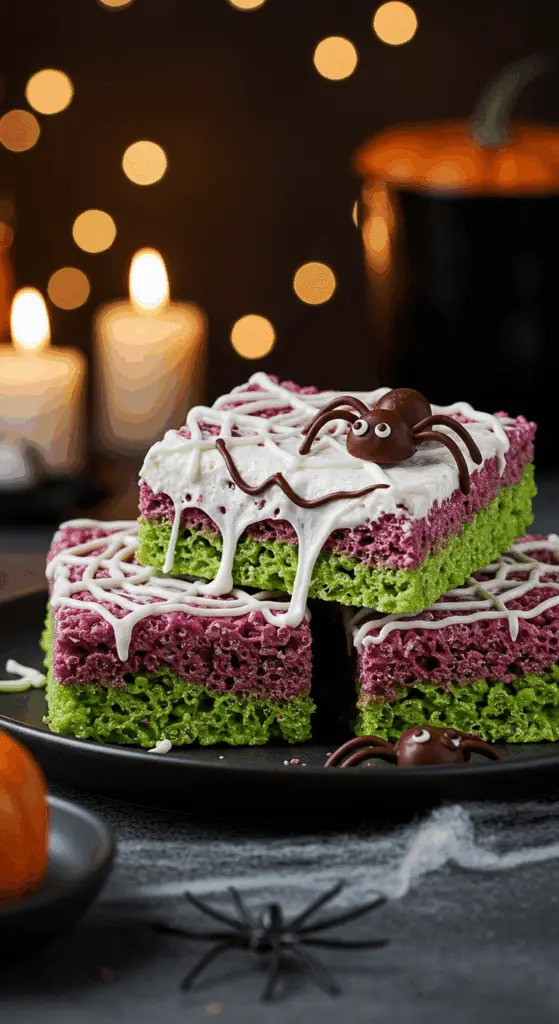A beautiful, rustic platter of homemade, spooky Halloween Rice Krispie Treats, with a marbled green and purple base and a creepy, white marshmallow spiderweb topping.