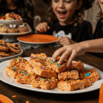 A large platter of homemade, spooky, and colorful Halloween Crispy Rice Treats being served at a fun and casual Halloween party.