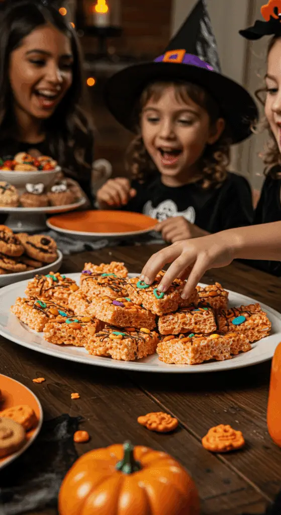 A large platter of homemade, spooky, and colorful Halloween Crispy Rice Treats being served at a fun and casual Halloween party.