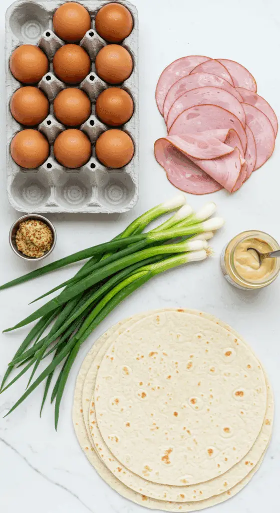 The simple, fresh ingredients for the easy and quick Ham and Egg Wraps recipe.