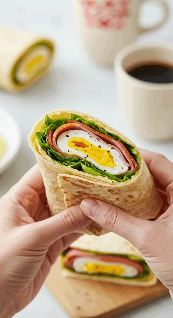 A hand holding a large, delicious, homemade Ham and Egg Wrap, about to take a bite on a busy morning.