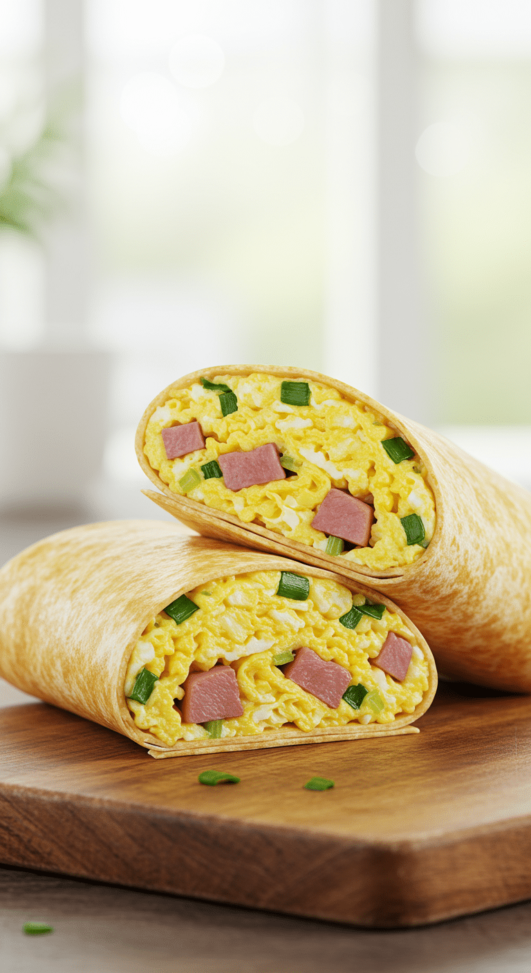 A beautiful, homemade Ham and Egg Wrap, cut in half to show the fluffy, yellow scrambled egg and ham filling.