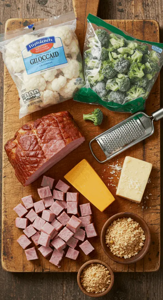 The classic, from-scratch ingredients for the hearty and cheesy Ham and Vegetable Casserole recipe.