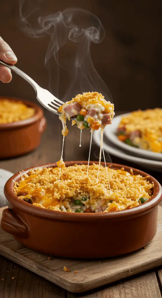 A cozy bowl of homemade, cheesy Ham and Vegetable Casserole with a crispy topping, being served for a family dinner.