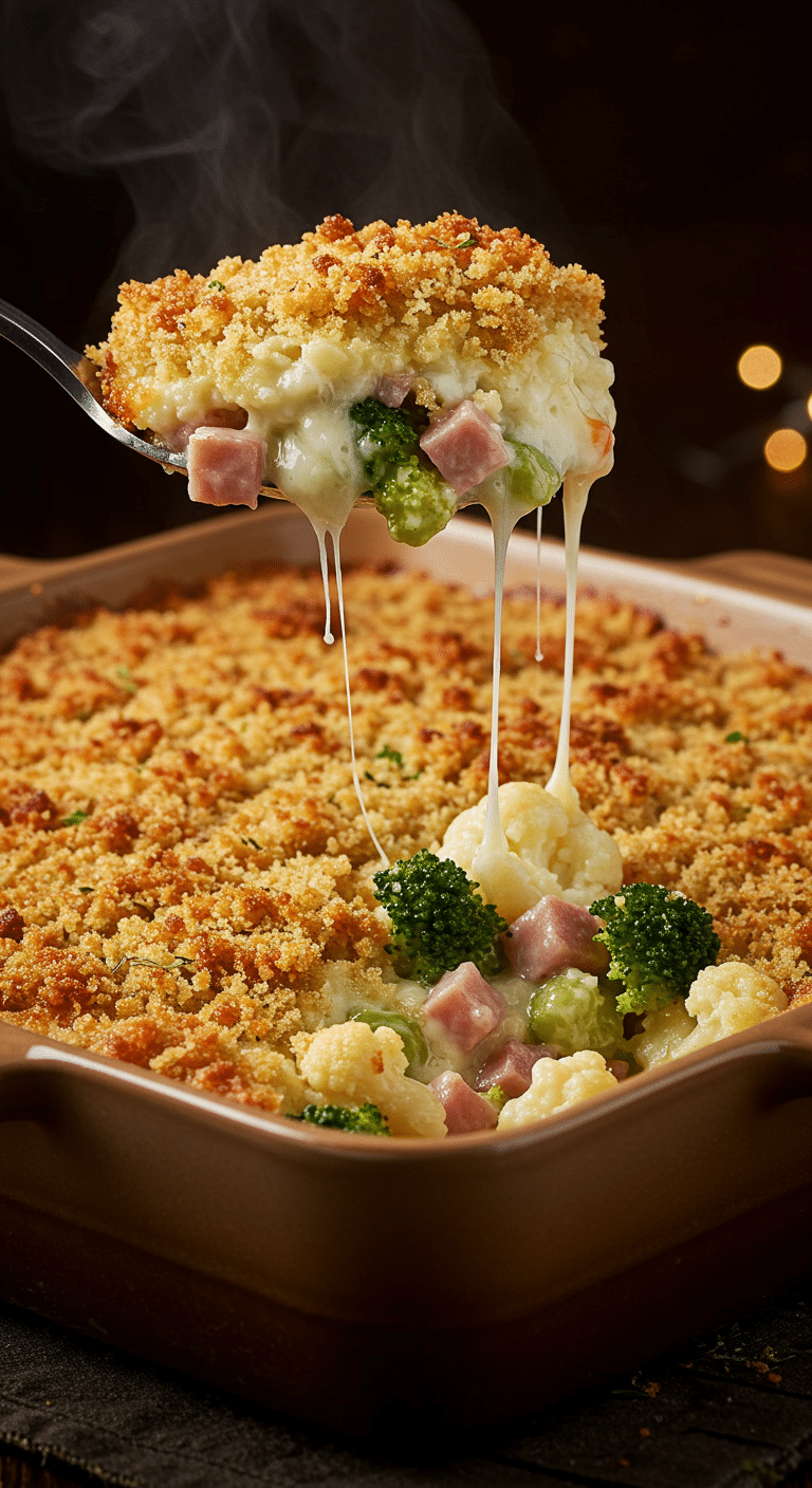 A beautiful, golden-brown homemade Cheesy Ham and Vegetable Casserole in a baking dish with a creamy, chunky scoop removed.