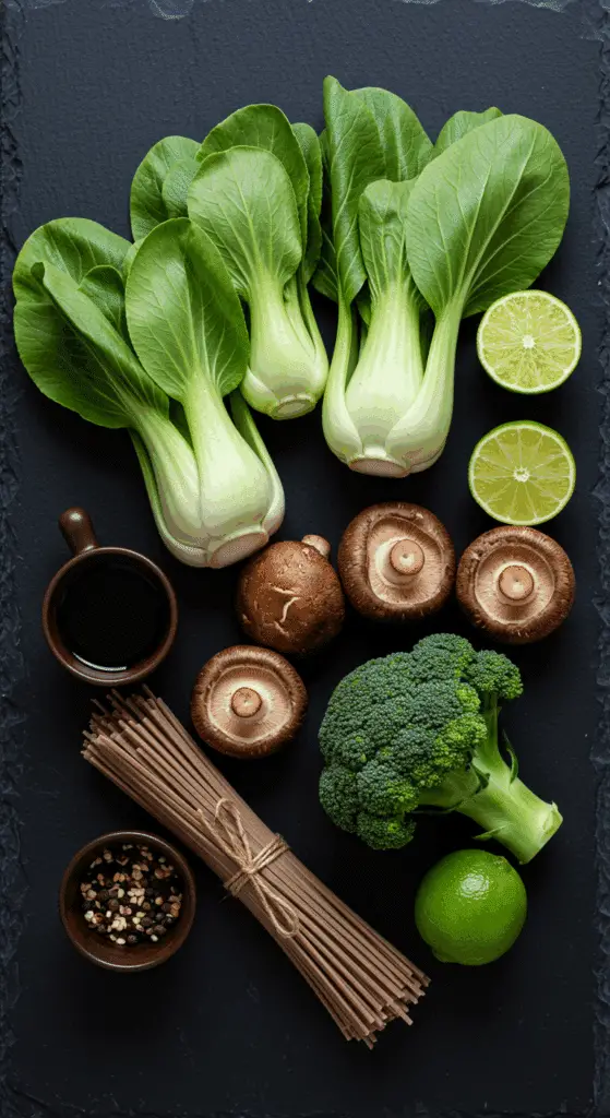 The simple, fresh ingredients for the healthy, from-scratch Bok Choy Stir Fry with soba noodles.