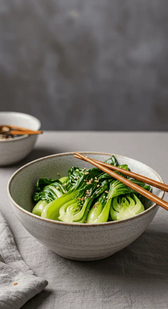A cozy bowl of homemade, healthy Bok Choy Stir Fry being served with chopsticks for a family dinner.