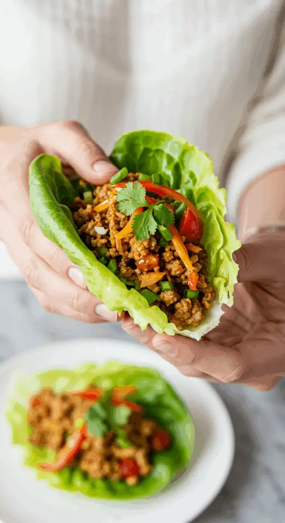A hand holding a beautiful, overflowing, homemade Asian Lettuce Wrap, about to take a bite.
