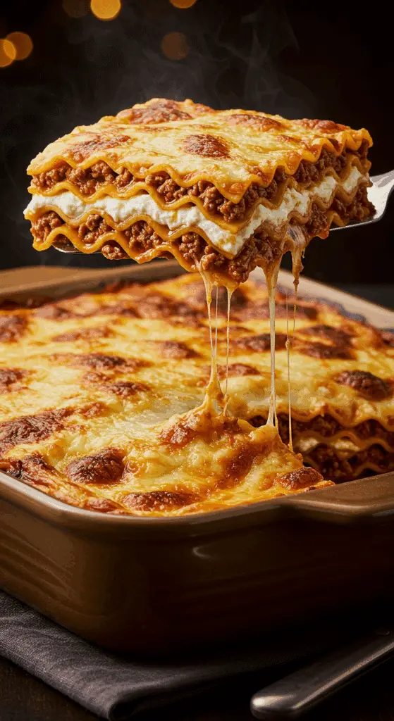 A beautiful, golden-brown homemade Healthy Lasagna in a baking dish with a perfect, cheesy, and multi-layered slice being lifted out.