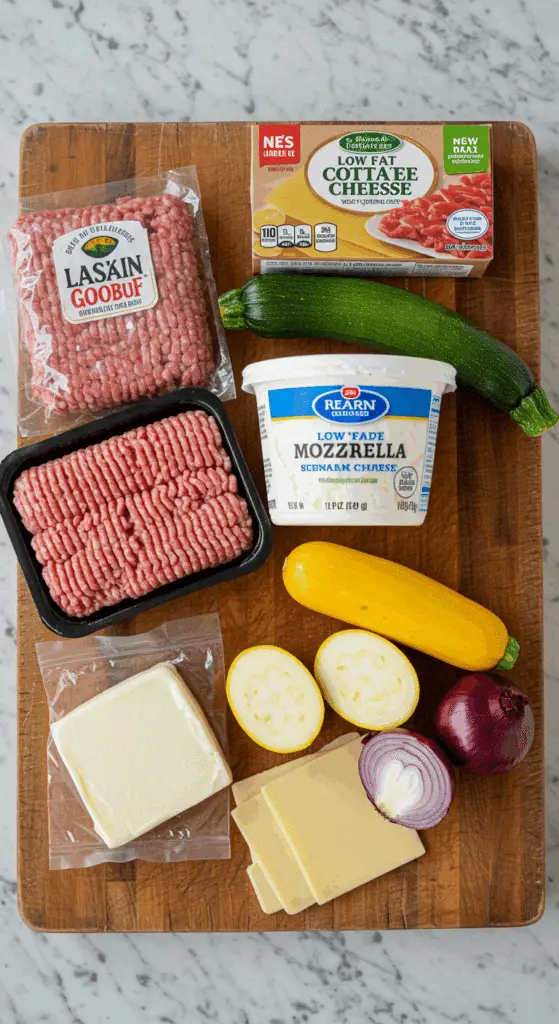 The fresh, from-scratch ingredients for the classic and healthy Lasagna recipe with cottage cheese and hidden vegetables.