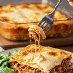 A tall, beautiful slice of homemade, layered Healthy Lasagna being served for a family dinner.
