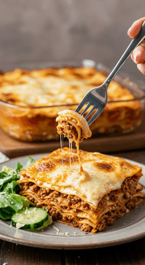 A tall, beautiful slice of homemade, layered Healthy Lasagna being served for a family dinner.