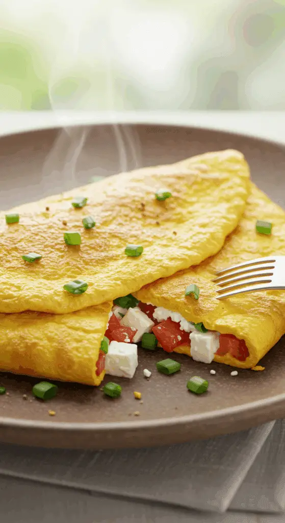 A beautiful, rustic plate with a homemade, fluffy, and golden-yellow Mediterranean Omelet, cut to show the feta and tomato filling.