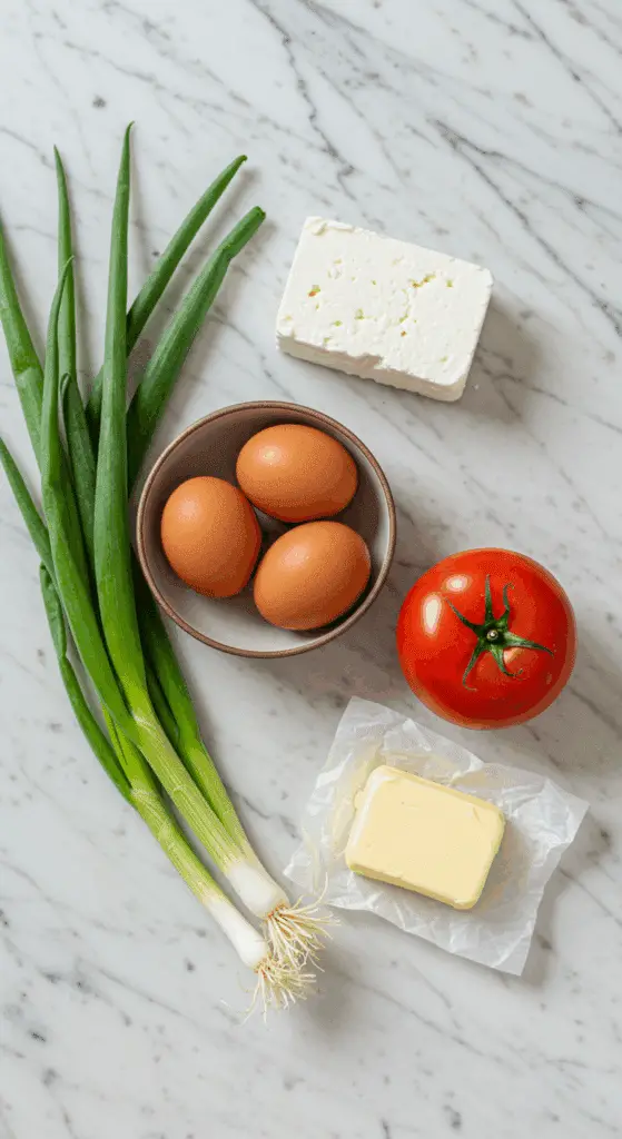 The simple, fresh ingredients for the healthy, from-scratch Mediterranean Omelet recipe.