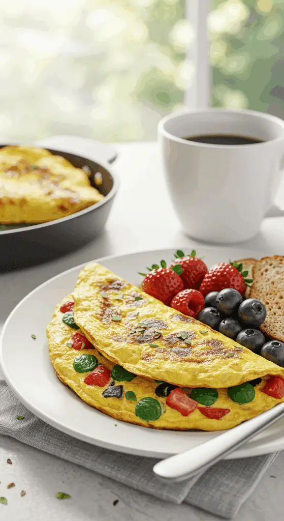 An elegant plate of a homemade, fluffy Mediterranean Omelet being served for a healthy weekend brunch with fresh fruit and coffee.