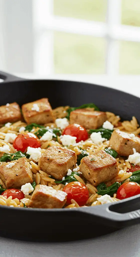 A beautiful, rustic cast-iron skillet of homemade, healthy Pork and Orzo with spinach, tomatoes, and feta.