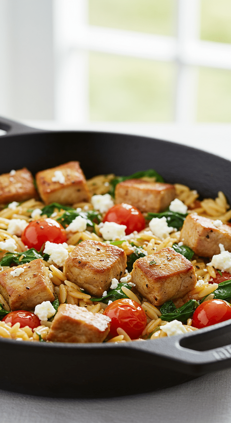 A beautiful, rustic cast-iron skillet of homemade, healthy Pork and Orzo with spinach, tomatoes, and feta.
