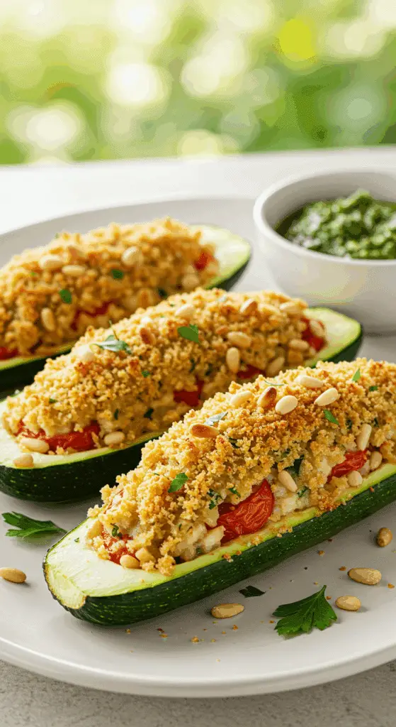 A beautiful, rustic platter of homemade, healthy, and crispy Stuffed Zucchini Boats with a golden-brown breadcrumb and Parmesan topping.