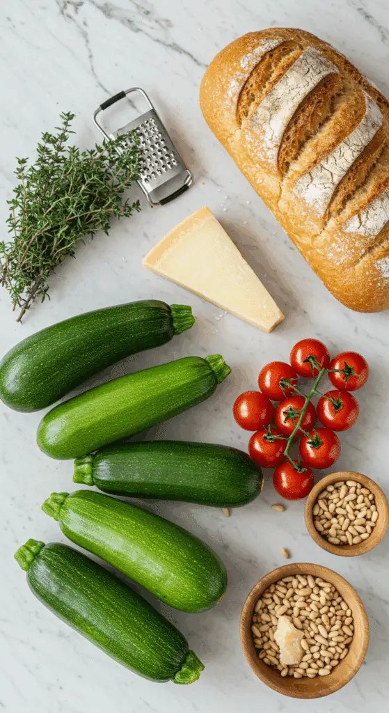 The simple, fresh ingredients for the healthy, from-scratch Stuffed Zucchini Boats recipe.
