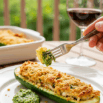 An elegant plate of homemade, crispy Stuffed Zucchini Boats being served for a healthy and sophisticated summer dinner.