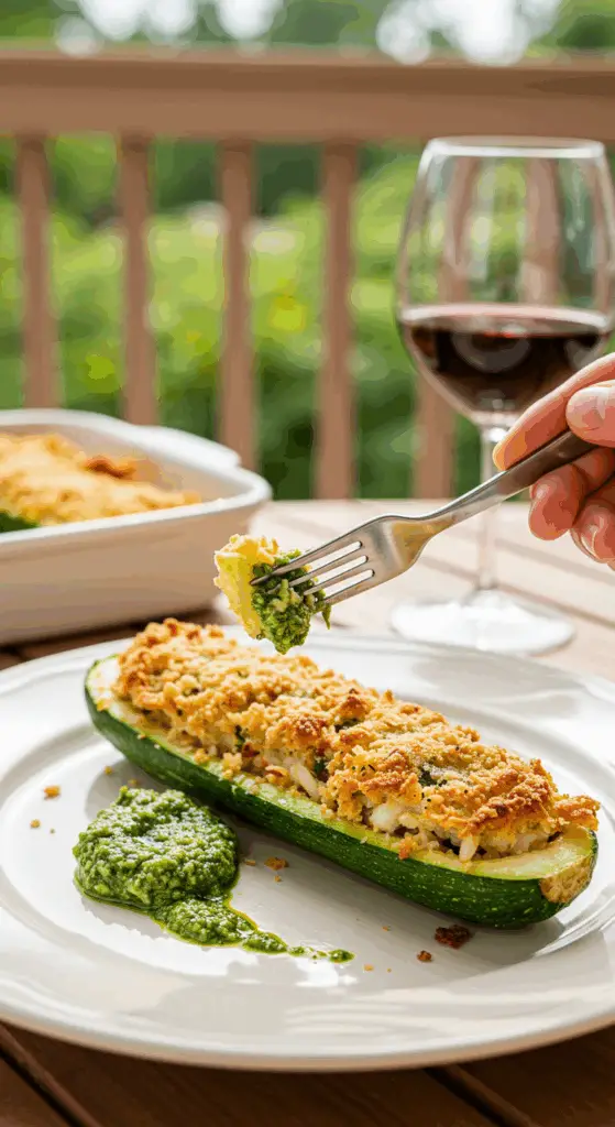 An elegant plate of homemade, crispy Stuffed Zucchini Boats being served for a healthy and sophisticated summer dinner.