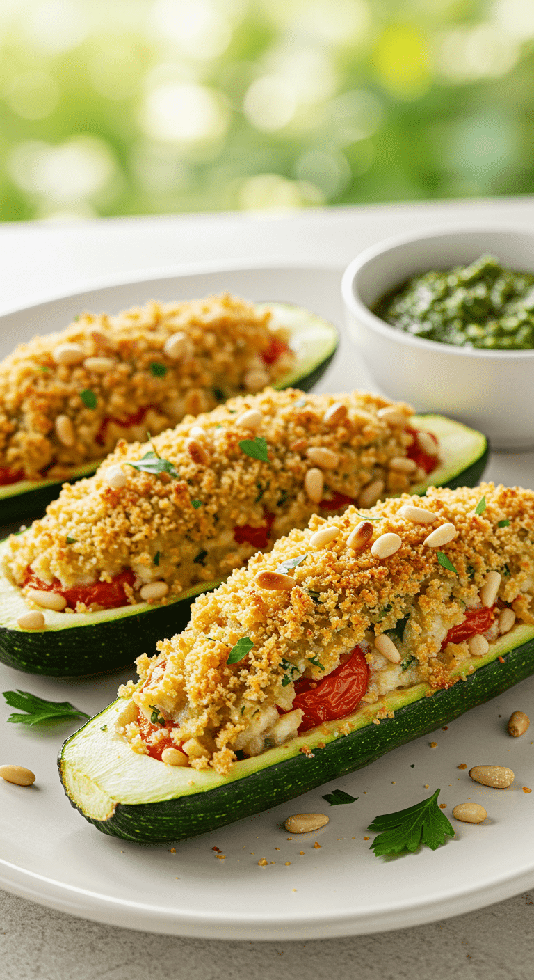 A beautiful, rustic platter of homemade, healthy, and crispy Stuffed Zucchini Boats with a golden-brown breadcrumb and Parmesan topping.
