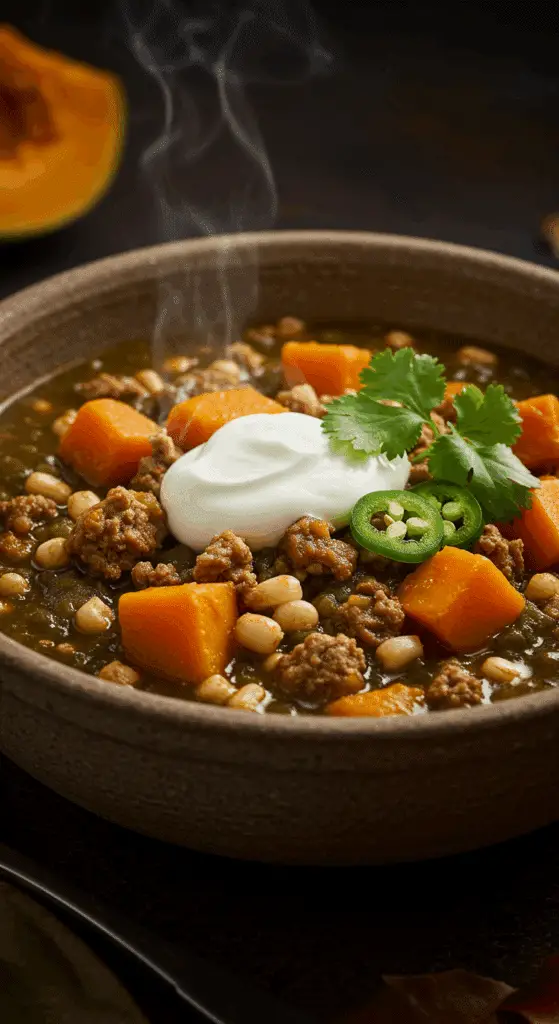 A beautiful, rustic bowl of homemade, hearty, and green Sausage and Pumpkin Chili Verde, garnished with a dollop of sour cream and fresh cilantro.