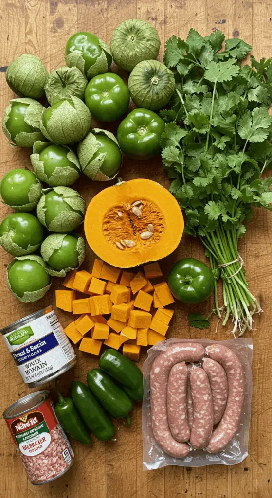 The fresh, from-scratch ingredients for the classic and hearty Sausage and Pumpkin Chili Verde recipe.