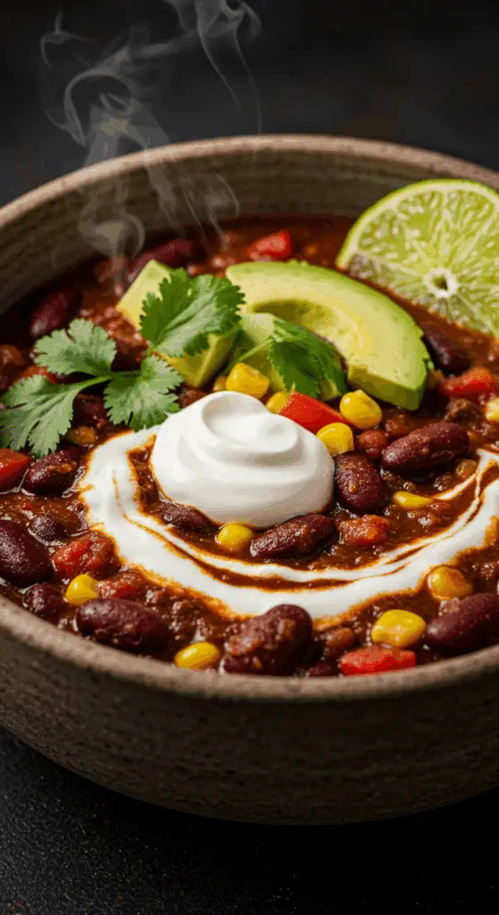 A beautiful, rustic bowl of homemade, hearty, and spicy Vegetarian Chili, garnished with a swirl of sour cream, avocado, and cilantro.