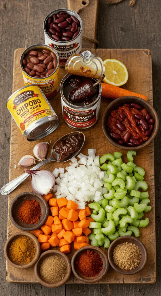The fresh, from-scratch ingredients for the classic, easy, and hearty Vegetarian Chili recipe.