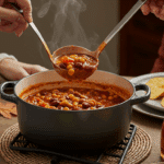 The finished pot of homemade, hearty Vegetarian Chili being served at a cozy family dinner with a toppings bar.
