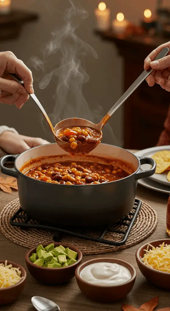 The finished pot of homemade, hearty Vegetarian Chili being served at a cozy family dinner with a toppings bar.