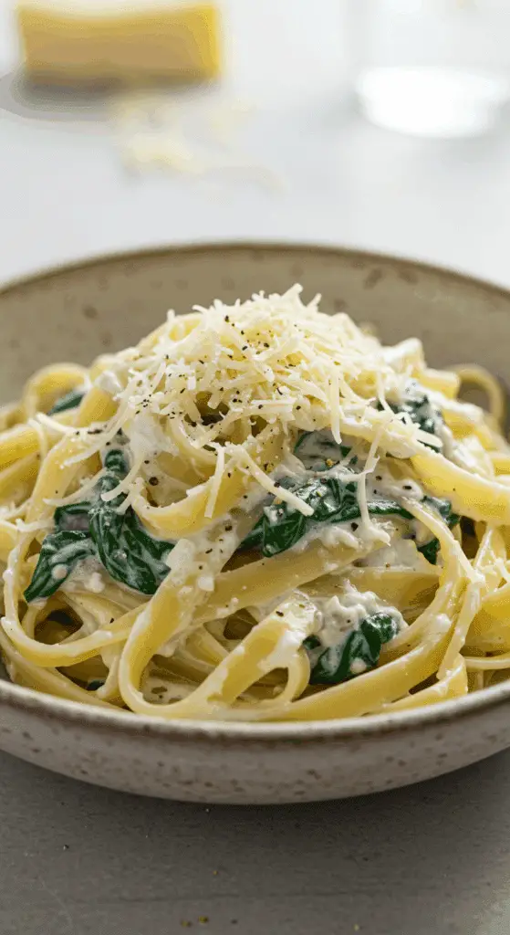 A beautiful, rustic bowl of homemade, creamy, and high-protein Cottage Cheese Pasta, with a luscious, velvety white sauce and fresh spinach.