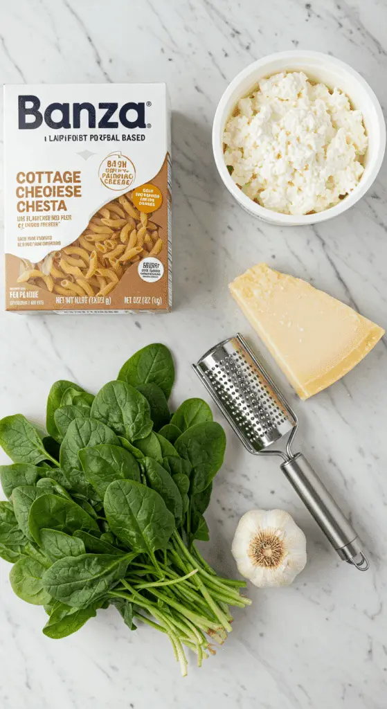 The simple, fresh ingredients for the healthy, from-scratch, and high-protein Creamy Cottage Cheese Pasta recipe.