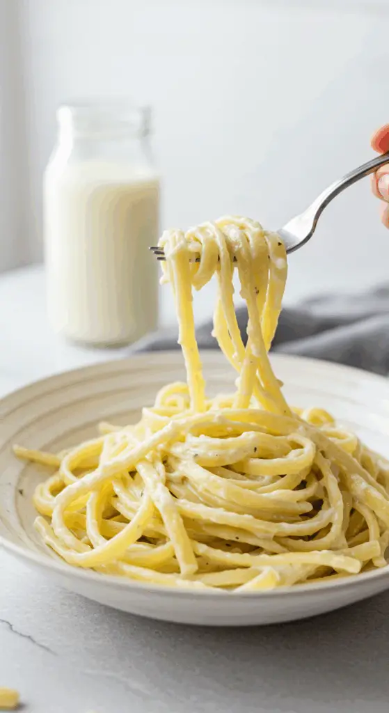 An elegant plate of homemade, creamy Cottage Cheese Pasta being enjoyed for a healthy and satisfying weeknight dinner.