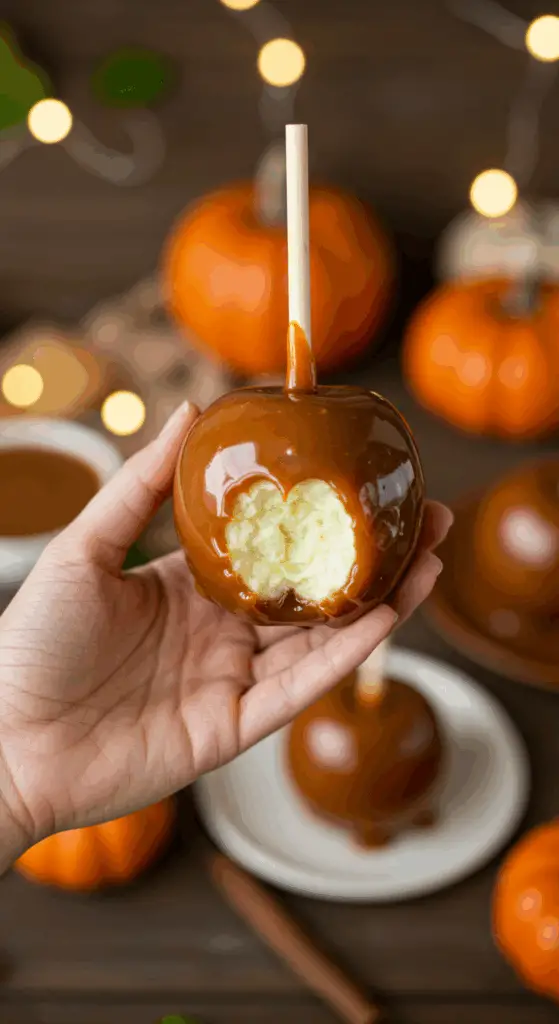 A beautiful, single, perfect, homemade Caramel Apple, with a thick, glossy, and deep amber-colored caramel coating on a crisp, green Granny Smith apple.