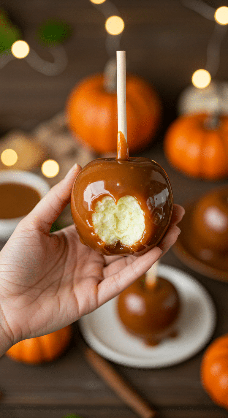 A beautiful, single, perfect, homemade Caramel Apple, with a thick, glossy, and deep amber-colored caramel coating on a crisp, green Granny Smith apple.